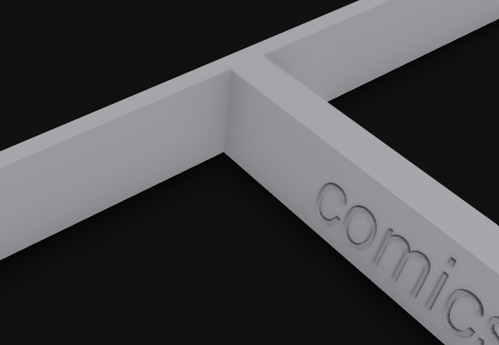 Close-up of the stencil frame: tapered inner edges where the dividers meet, with the comicstencils.com name moulded into the side